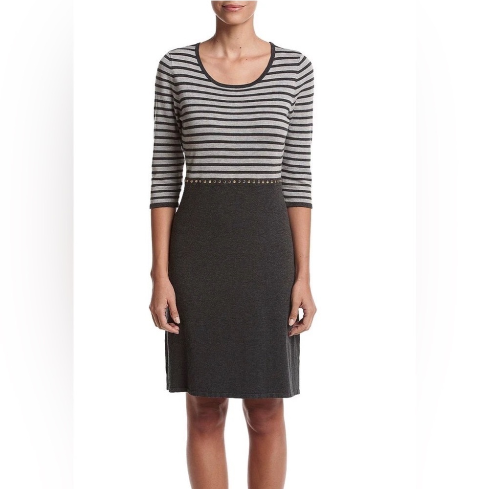 Calvin Klein Gray Black Striped Jersey  Dress Size Large New Knee Length